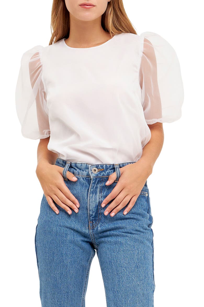 Sheer Puff Sleeve Organza Top, Main, color, WHITE
