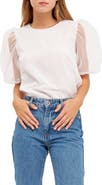 English Factory Sheer Puff Sleeve Organza Top