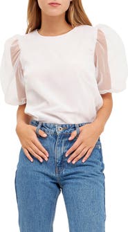English Factory Sheer Puff Sleeve Organza Top