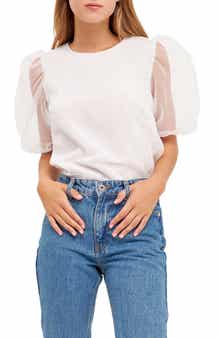 English Factory Sheer Puff Sleeve Organza Top