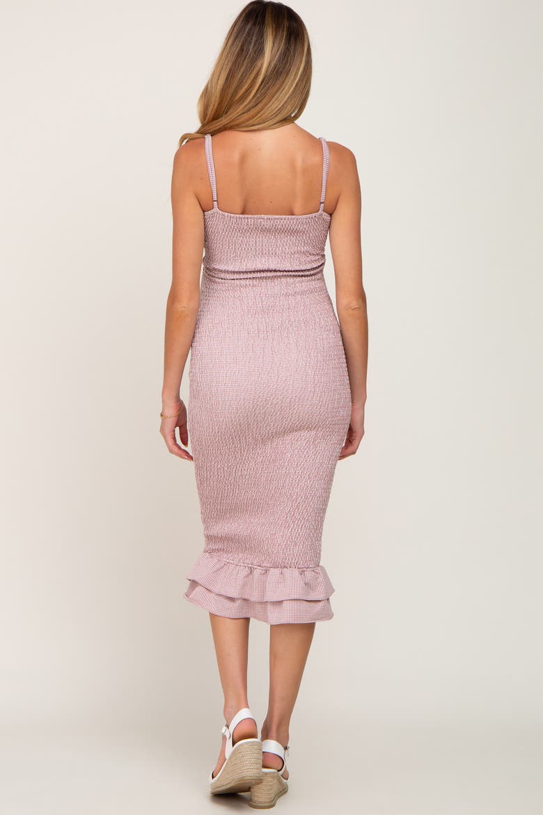 Gingham Print Smocked Fitted Self-Tie Midi Dress, Alternate, color, Mauve