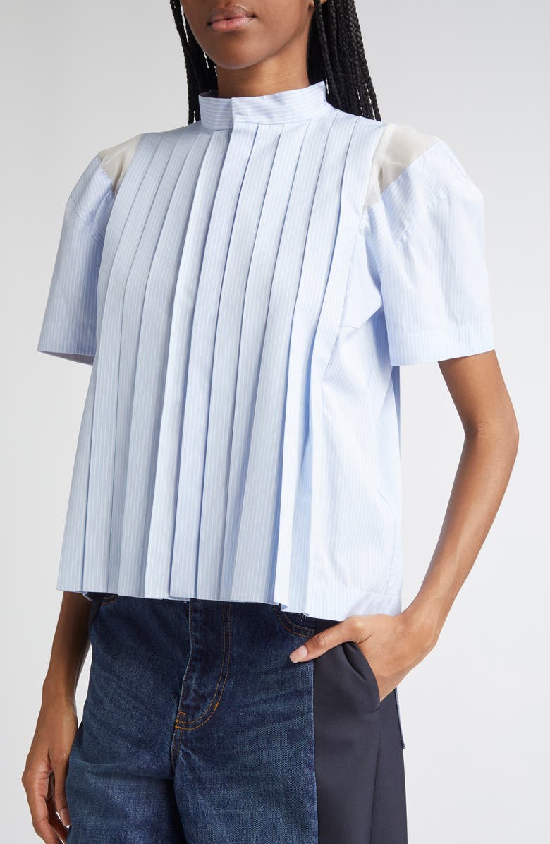 Sacai Pinstripe Pintuck Poplin Short Sleeve Button-Up Shirt, Alternate, color,