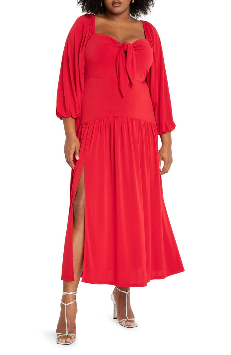 ELOQUII Tie Front Long Sleeve Maxi Dress, Main, color,