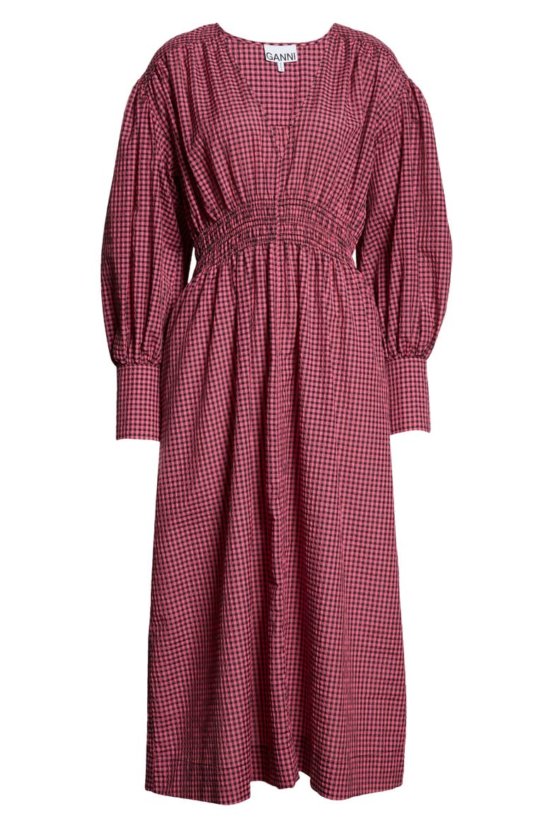 Seersucker Check Long Sleeve V-Neck Dress, Alternate, color, CARMINE ROSE