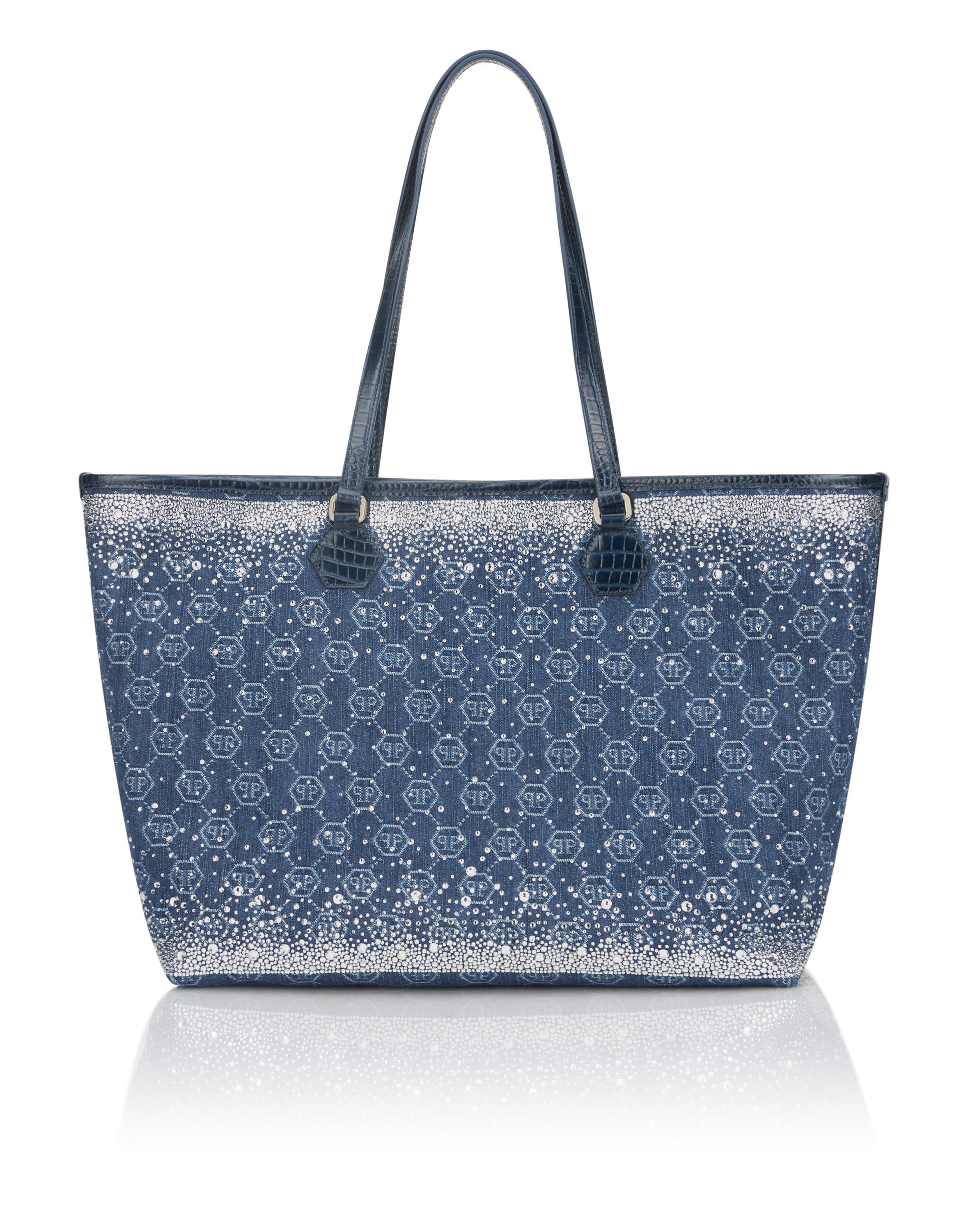 Denim Shopper Bag Monogram Strass Women, Alternate, color, lightblue