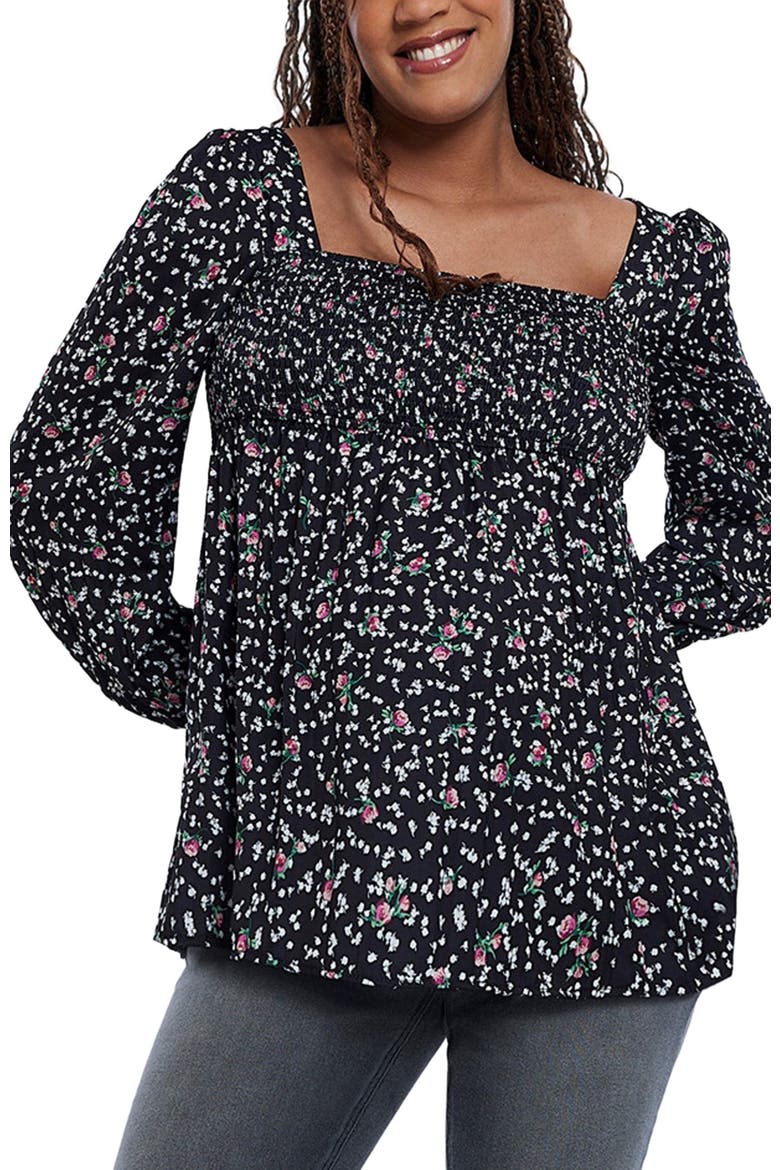 Smocked Square Neck Long Sleeve Babydoll Maternity Top, Main, color, Black Ditsy