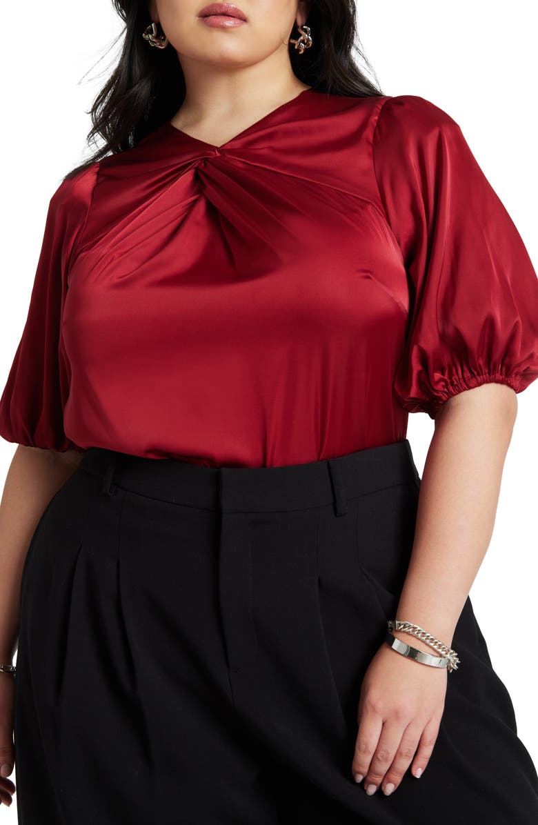 ELOQUII Twist Neck Puff Sleeve Satin Top, Main, color,