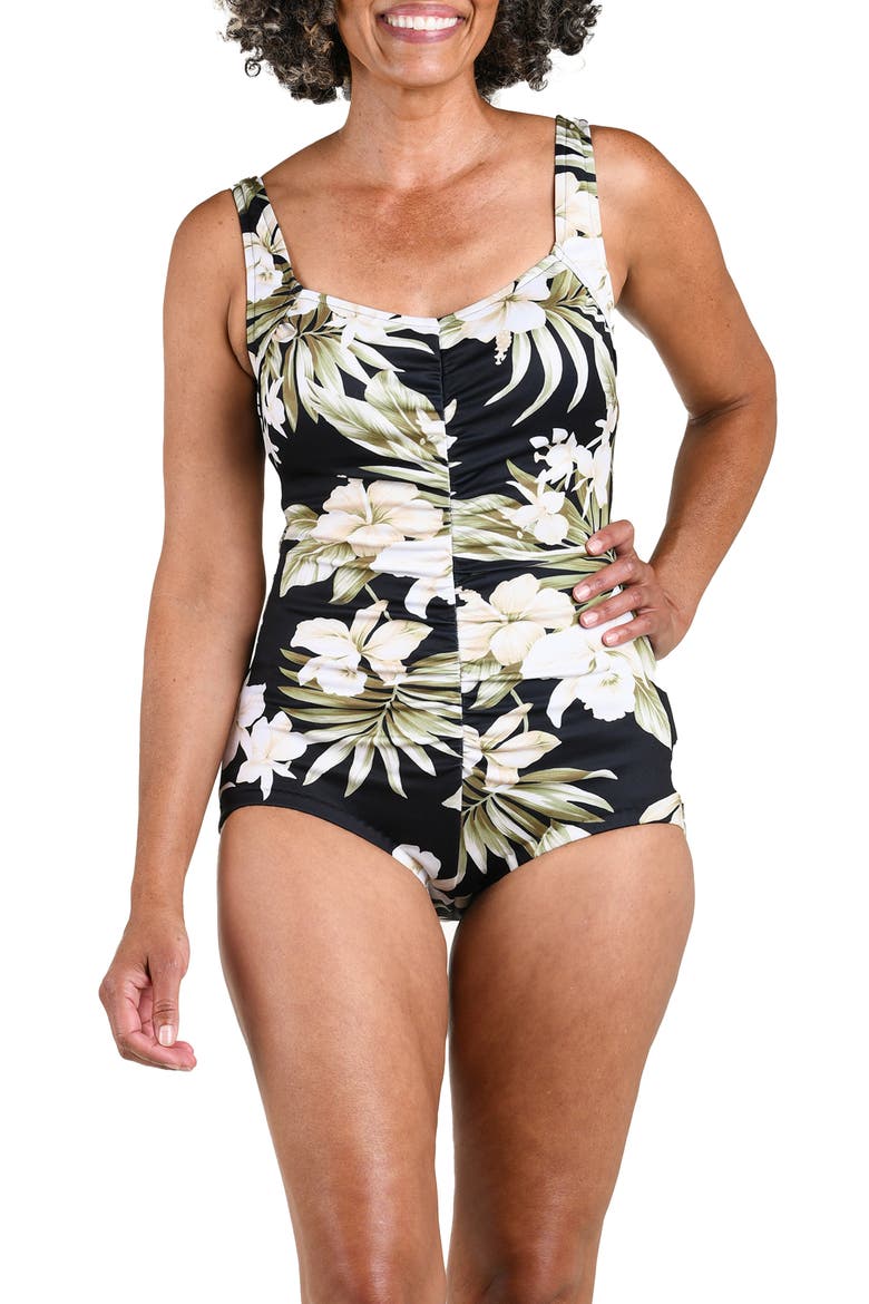 Shirred Spa One-Piece Swimsuit, Main, color, BLACK