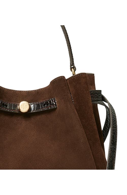 Tory Burch Romy Suede Belted Bucket Bag In Brown