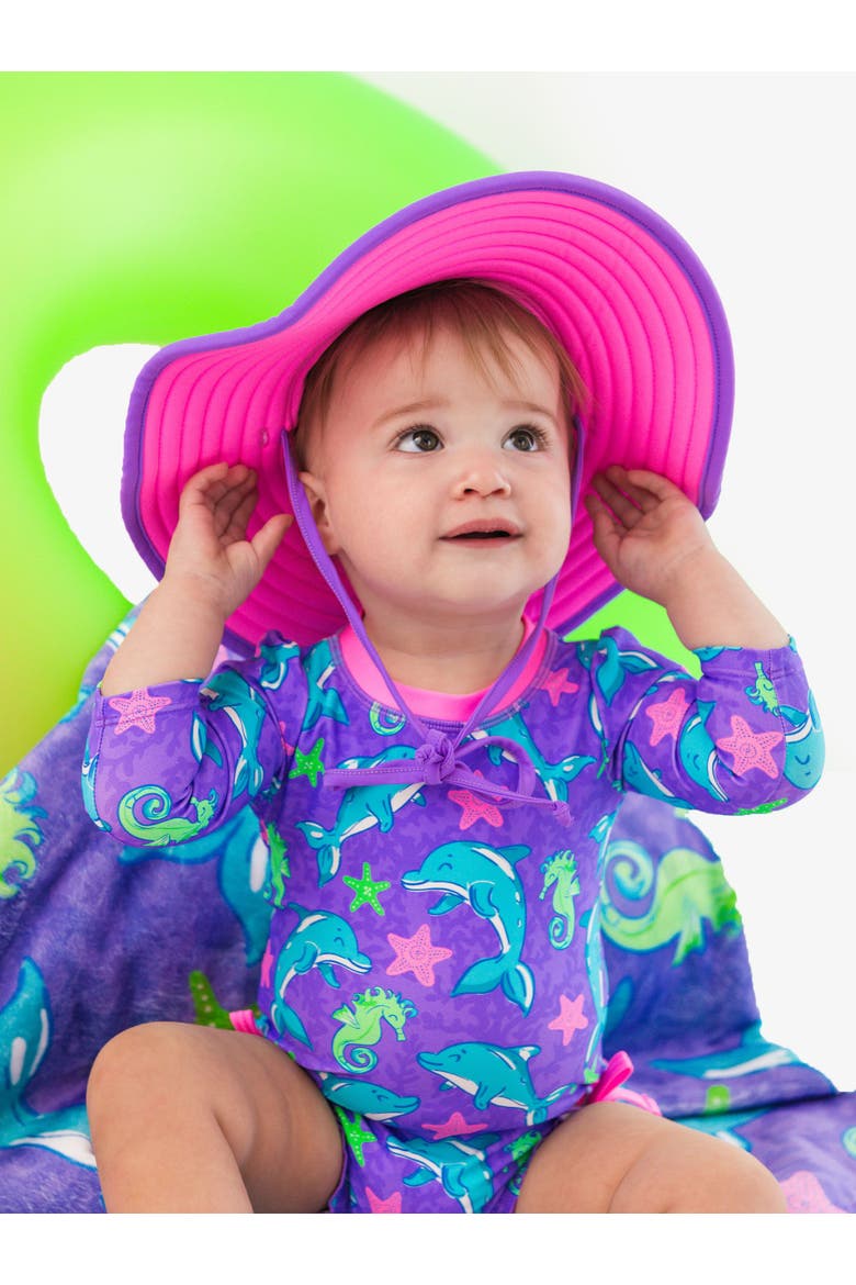 Girls UPF50+ Sun Protected Swim Hat, Alternate, color, Neon Purple & Pink
