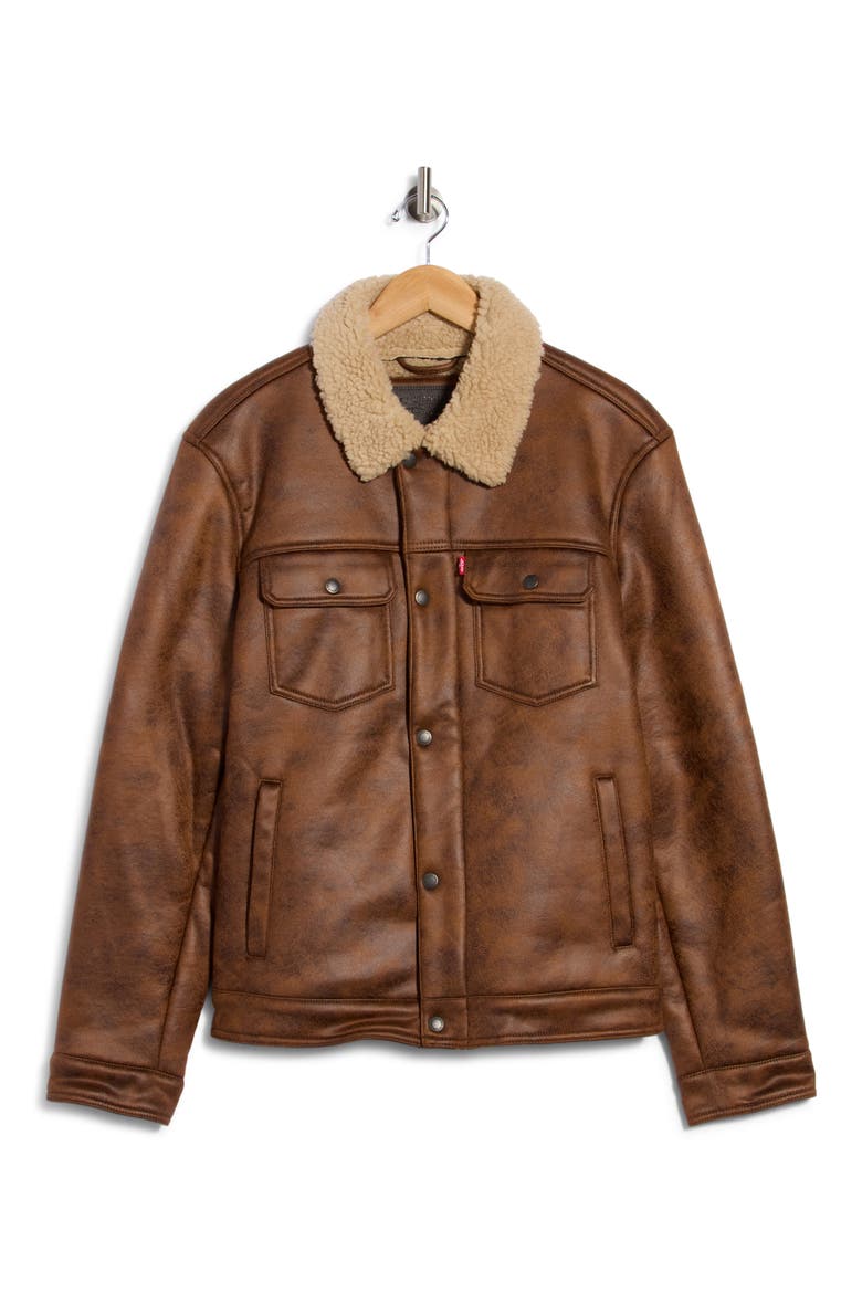Faux Leather Trucker Jacket with Faux Shearling Collar, Main, color, BROWN