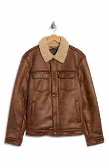 Faux Leather Trucker Jacket with Faux Shearling Collar