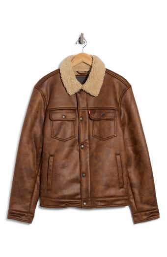 Faux Leather Trucker Jacket with Faux Shearling Collar