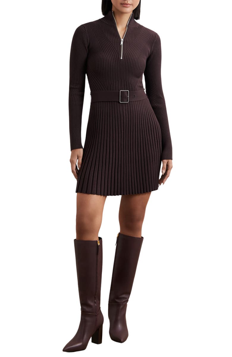 Reiss Vienna Belted Long Sleeve Rib Dress, Main, color, Plum Purple