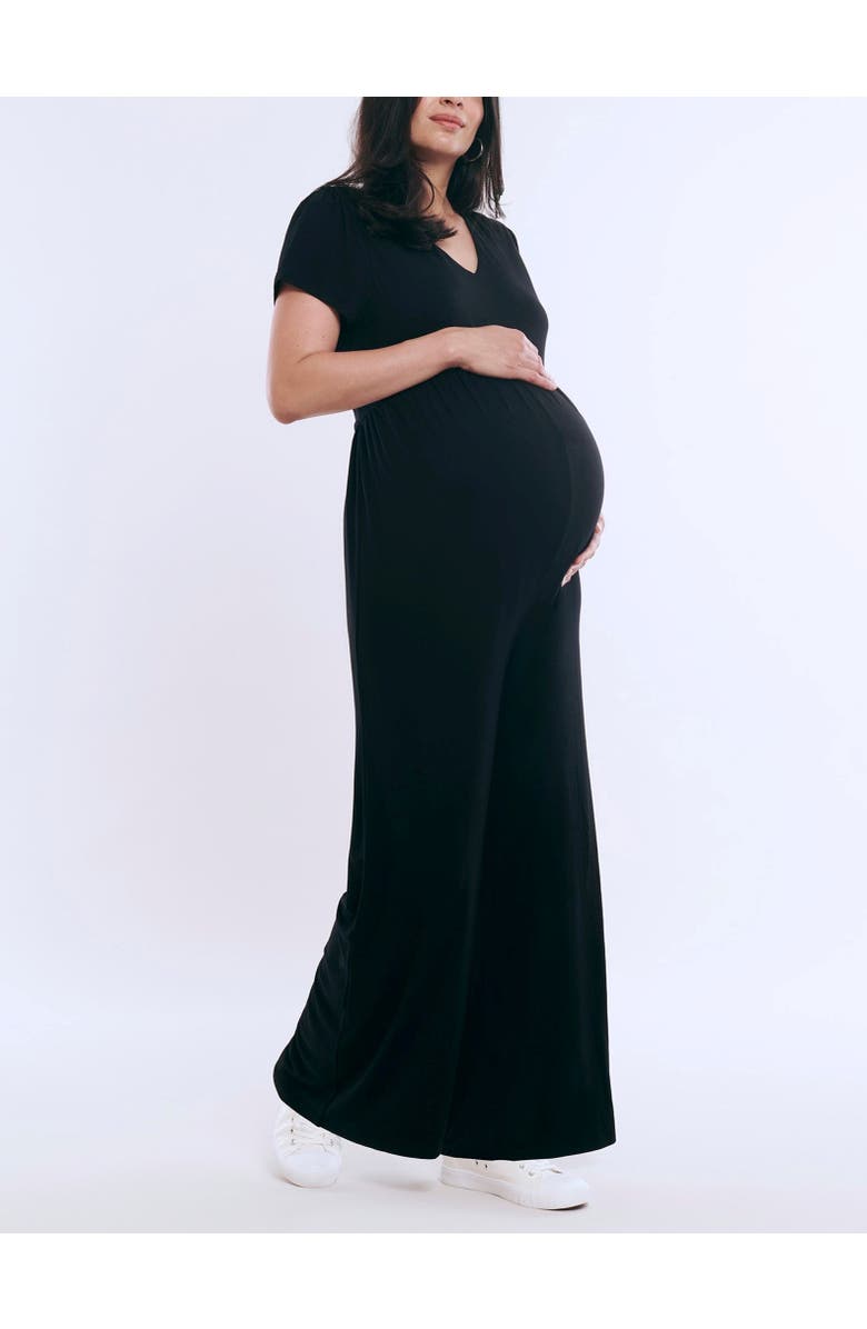 MOTHERHOOD MATERNITY Short Sleeve V-Neck Flare Leg Jumpsuit, Alternate, color, Black
