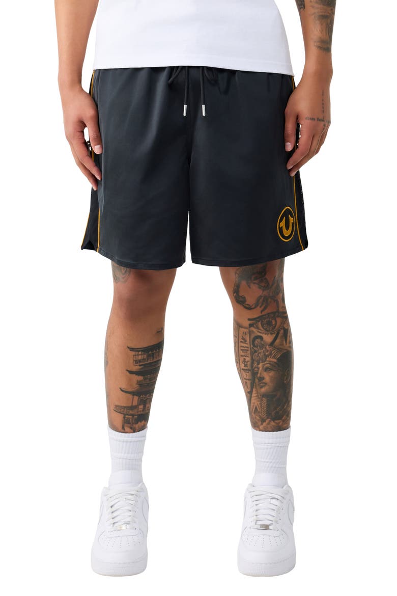Mesh Block Satin Drawstring Shorts, Main, color, JET BLACK