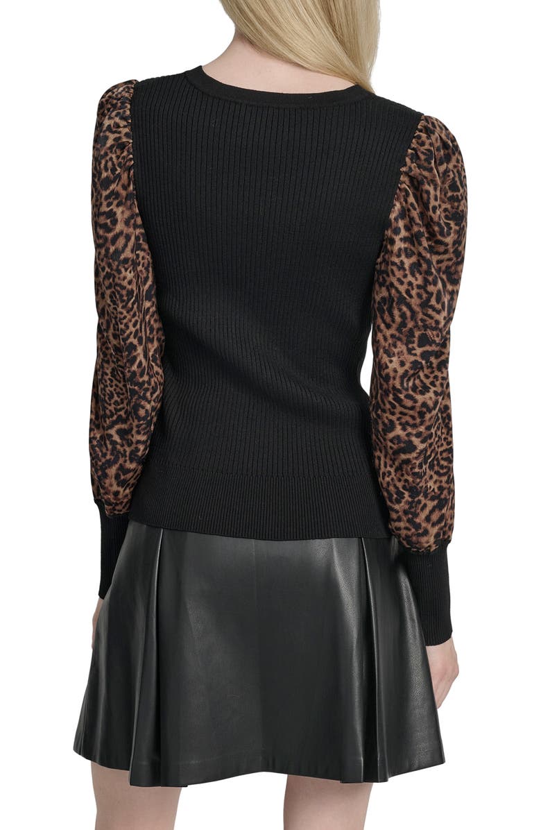 DKNY Rib Puff Shoulder Sweater, Alternate, color, Black/ Compact Animal Print