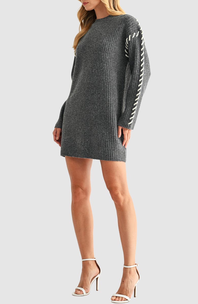 All in Favor Contrast Whipstitch Long Sleeve Mini Sweater Dress, Alternate, color, Charcoal Grey
