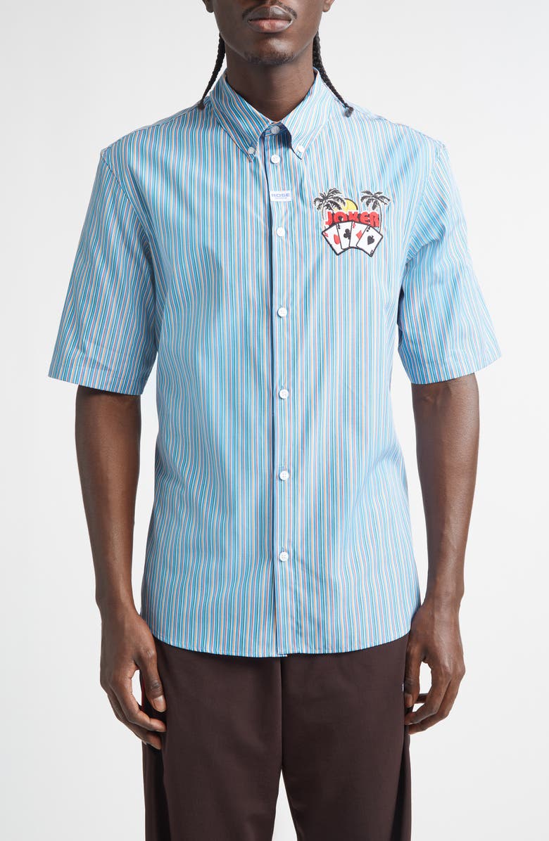 Martine Rose Casual Stripe Button-Down Shirt, Main, color, Bluora