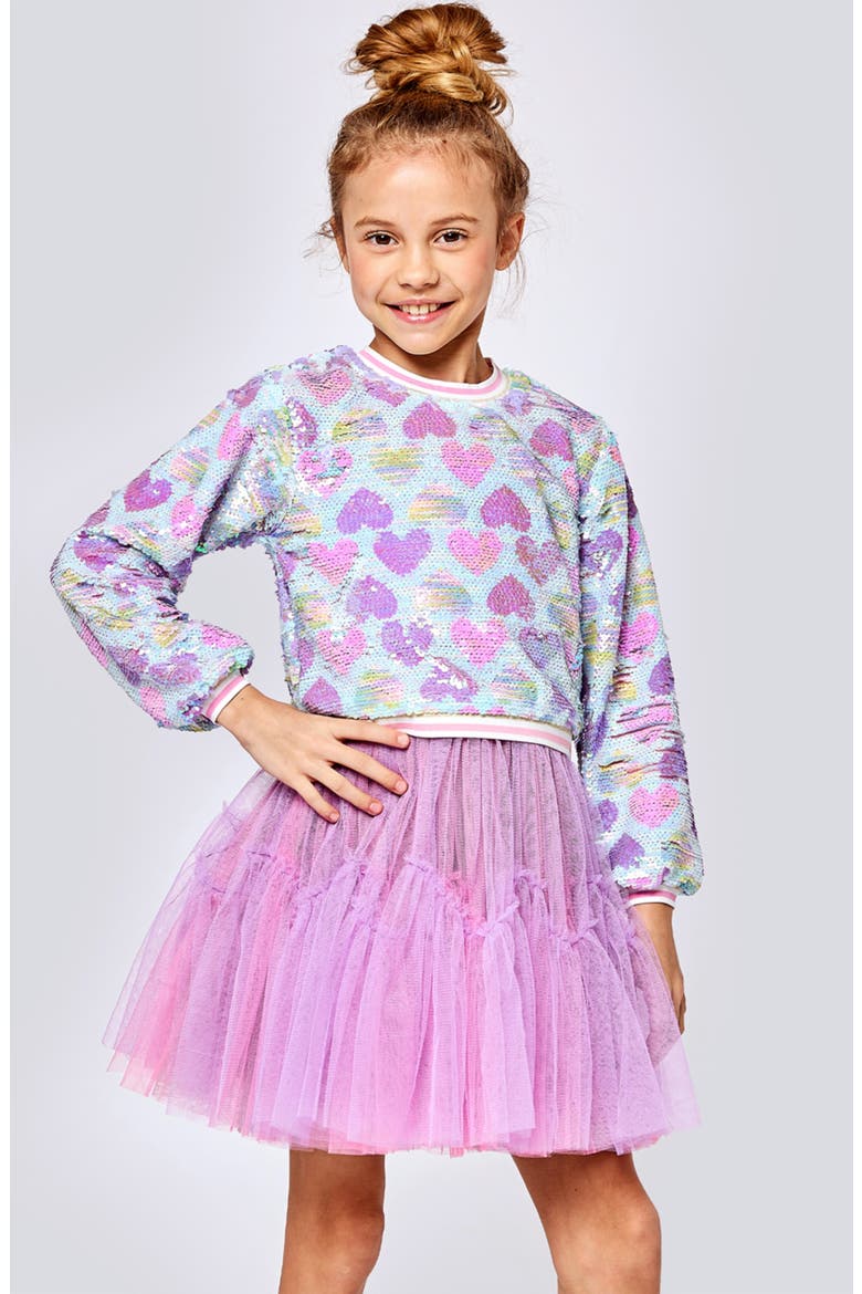 Kids' Heart Print Sequined Twofer Dress, Alternate, color, PINK MULTI