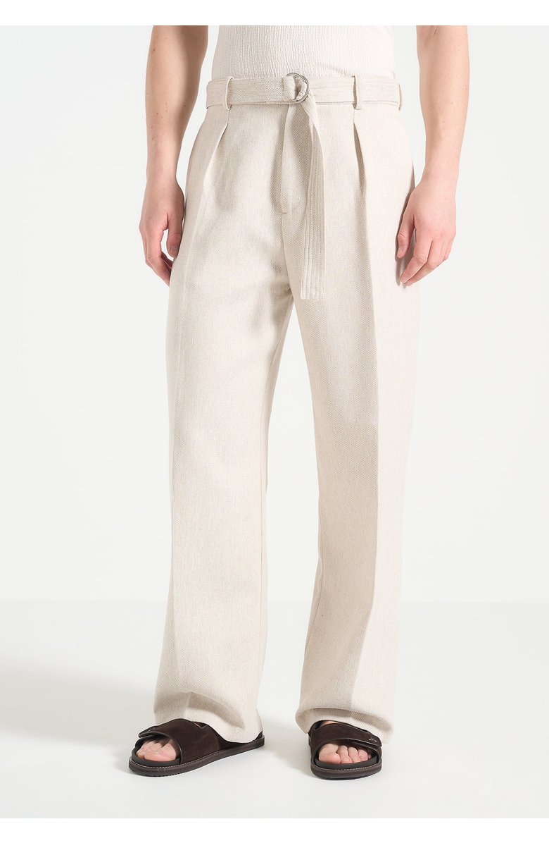 Manière De Voir Loic Wide Leg Textured Trousers with Belt, Alternate, color, Cream