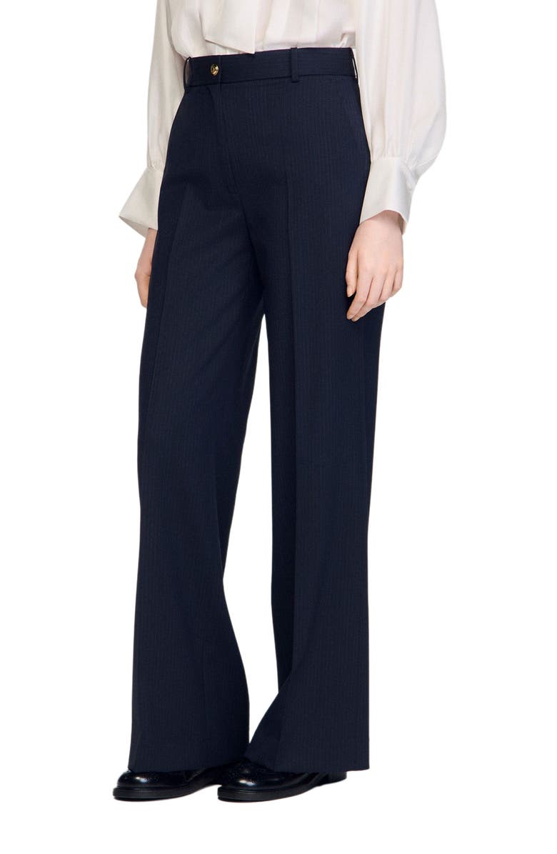 SANDRO Minimal chalk-striped trousers, Main, color, Navy Blue