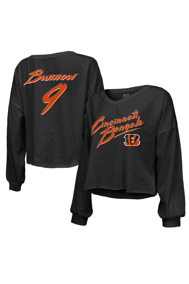 Women's Majestic Threads Joe Burrow Black Cincinnati Bengals Name & Number Off-Shoulder Script Cropped Long Sleeve V-Neck T-Shirt, Main, color, Black