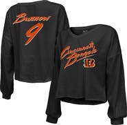 Majestic Threads Women's Majestic Threads Joe Burrow Black Cincinnati Bengals Name & Number Off-Shoulder Script Cropped Long Sleeve V-Neck T-Shirt