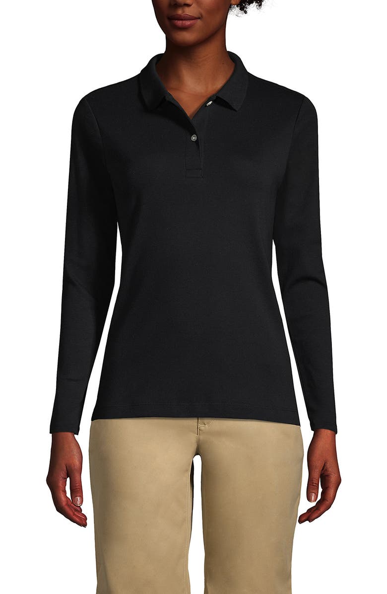 Lands' End School Uniform  Long Sleeve Feminine Fit Interlock Polo Shirt, Main, color, Black