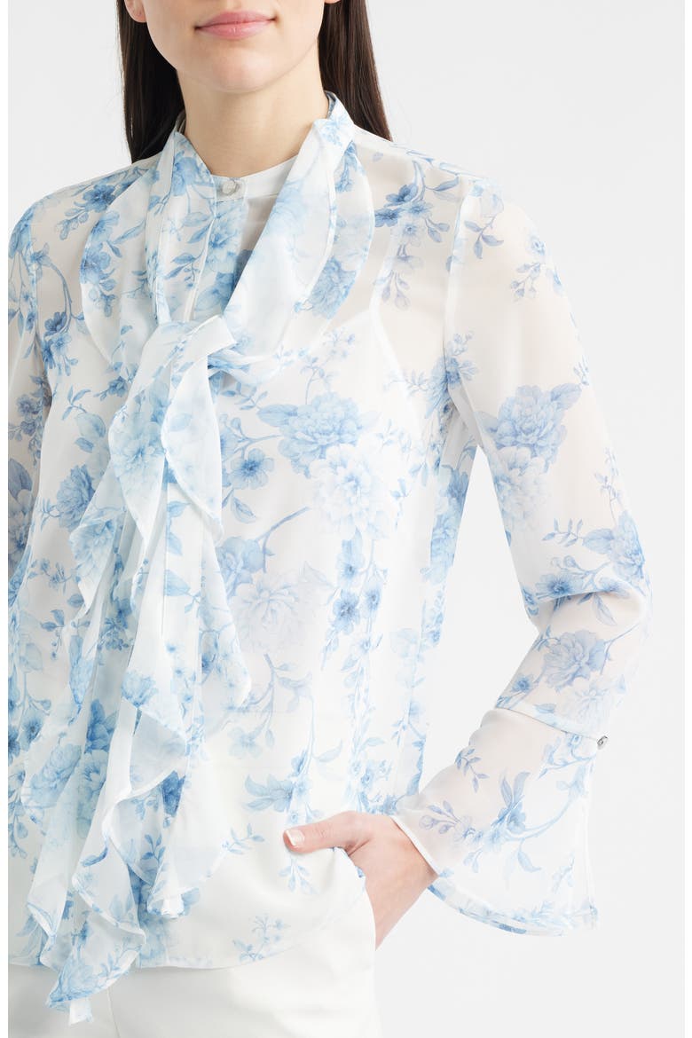Ruffle Tie Neck Top, Alternate, color, CRISP WHITE MULTI