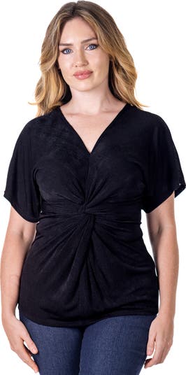 売れ筋商品|||２４セブンコンフォート カットソー トップス レディース Petite V-Neck Knot Front Kimono Sleeve Top Black 24seven Comfort Apparel Petites V-Neck Knot Front Kimono