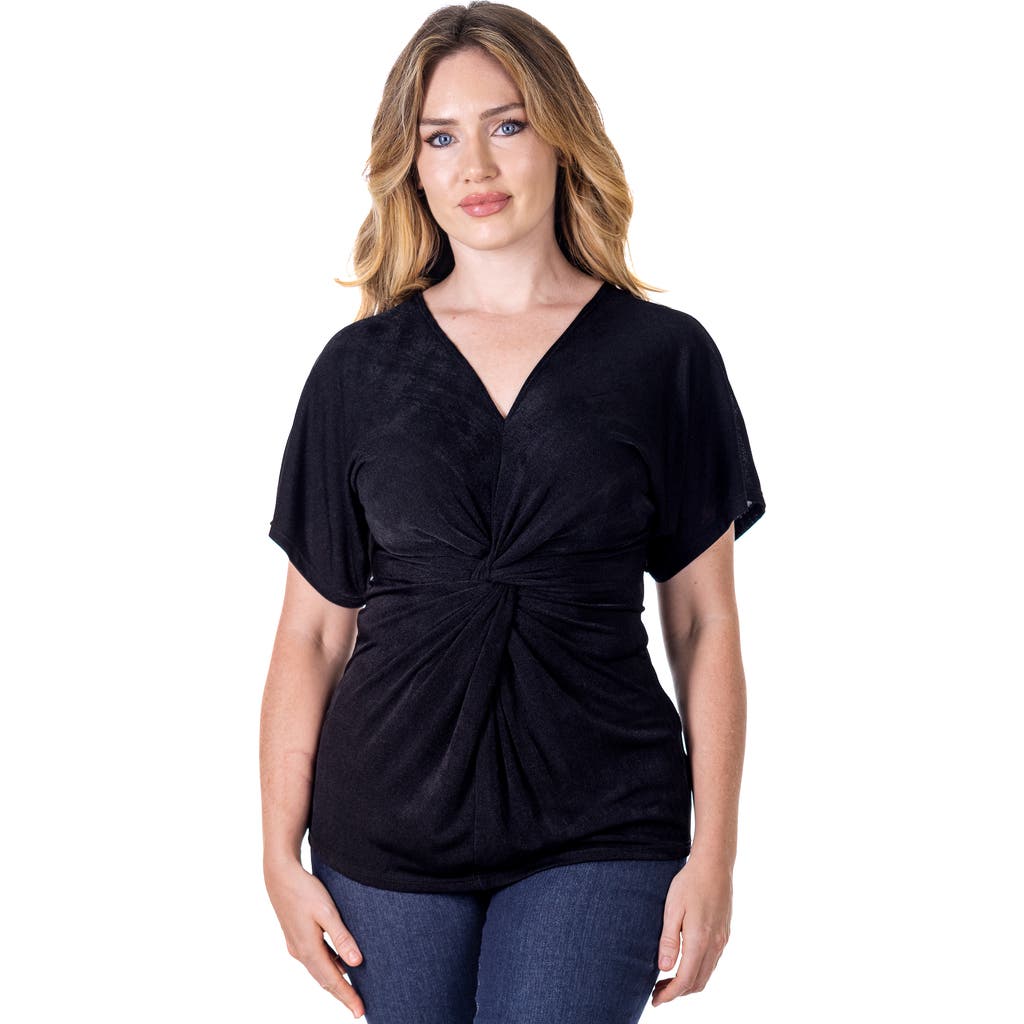 24seven Comfort Apparel Petites V-neck Knot Front Kimono Sleeve Top In Black