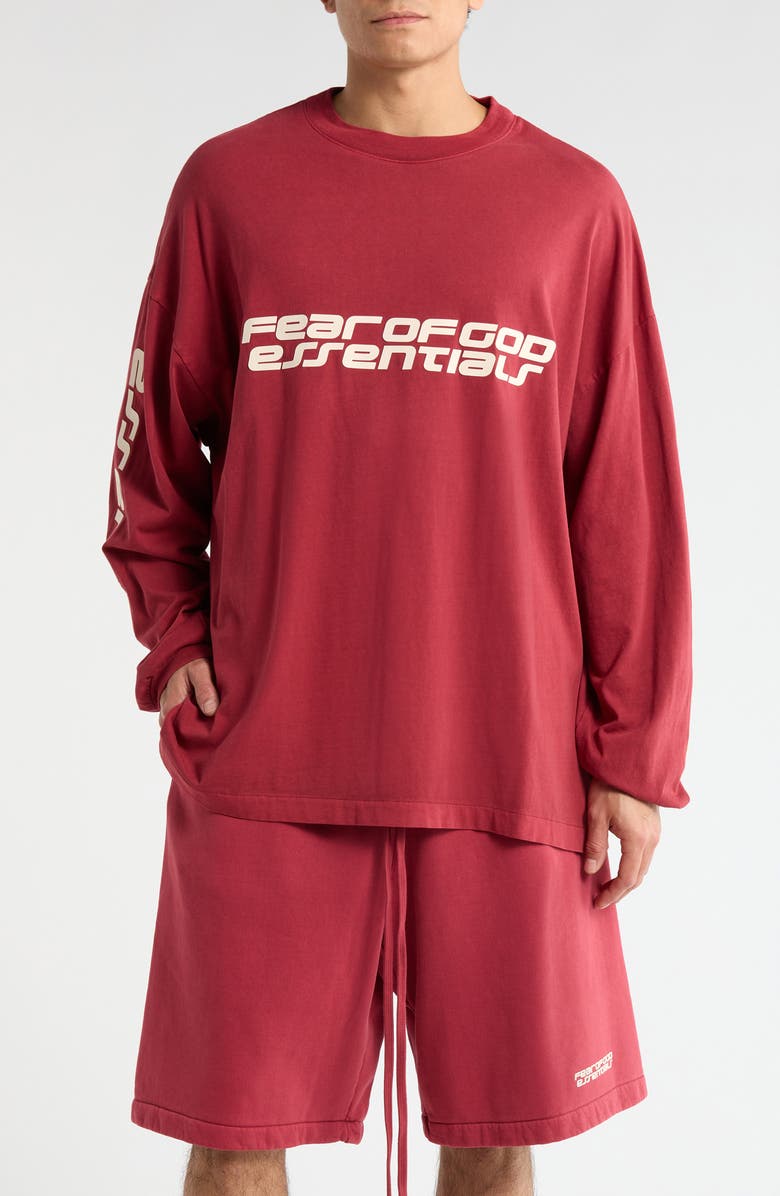 Fear of God Essentials '90s Long Sleeve Logo Graphic T-Shirt, Main, color, Crimson