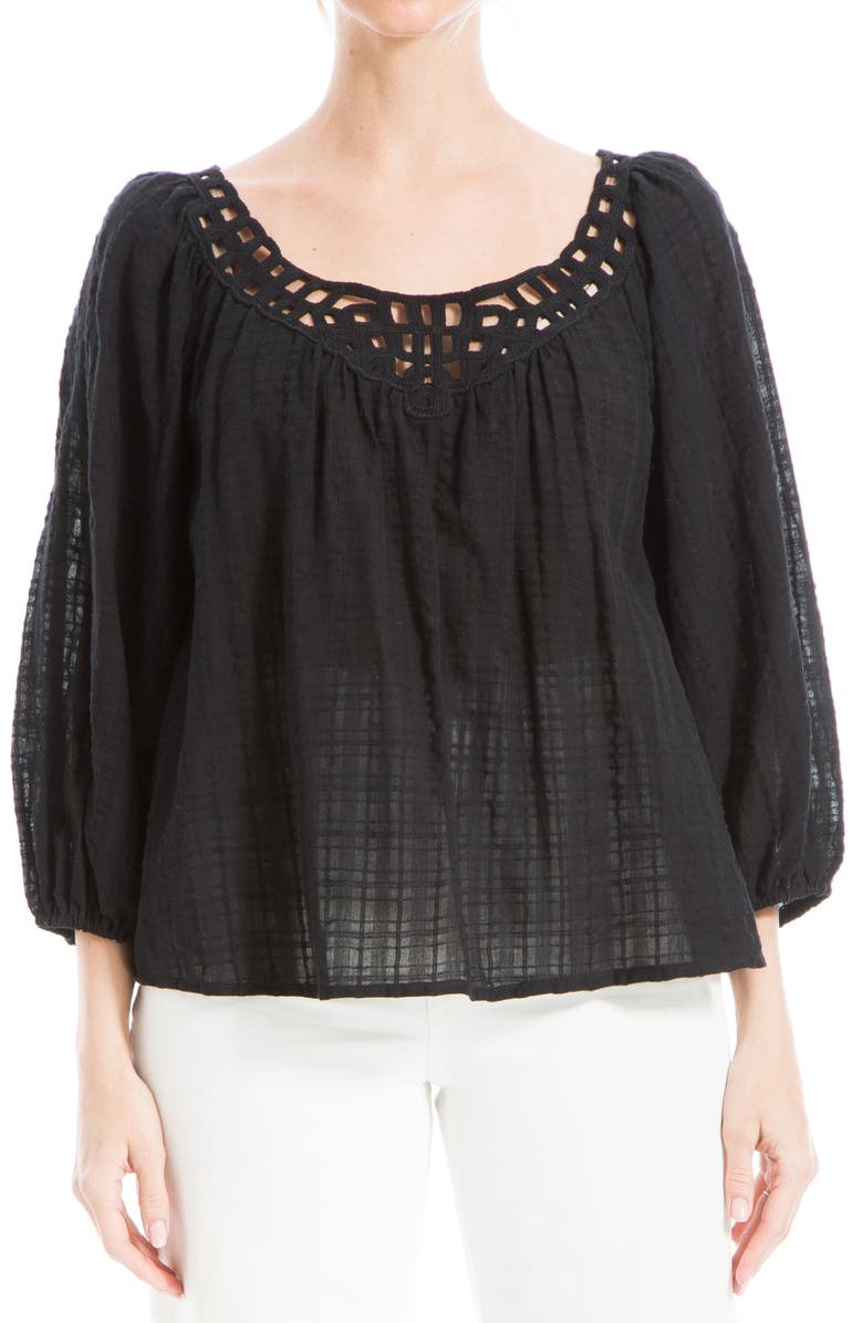 MAX STUDIO Openwork Bubble Sleeve Top, Main, color, Black