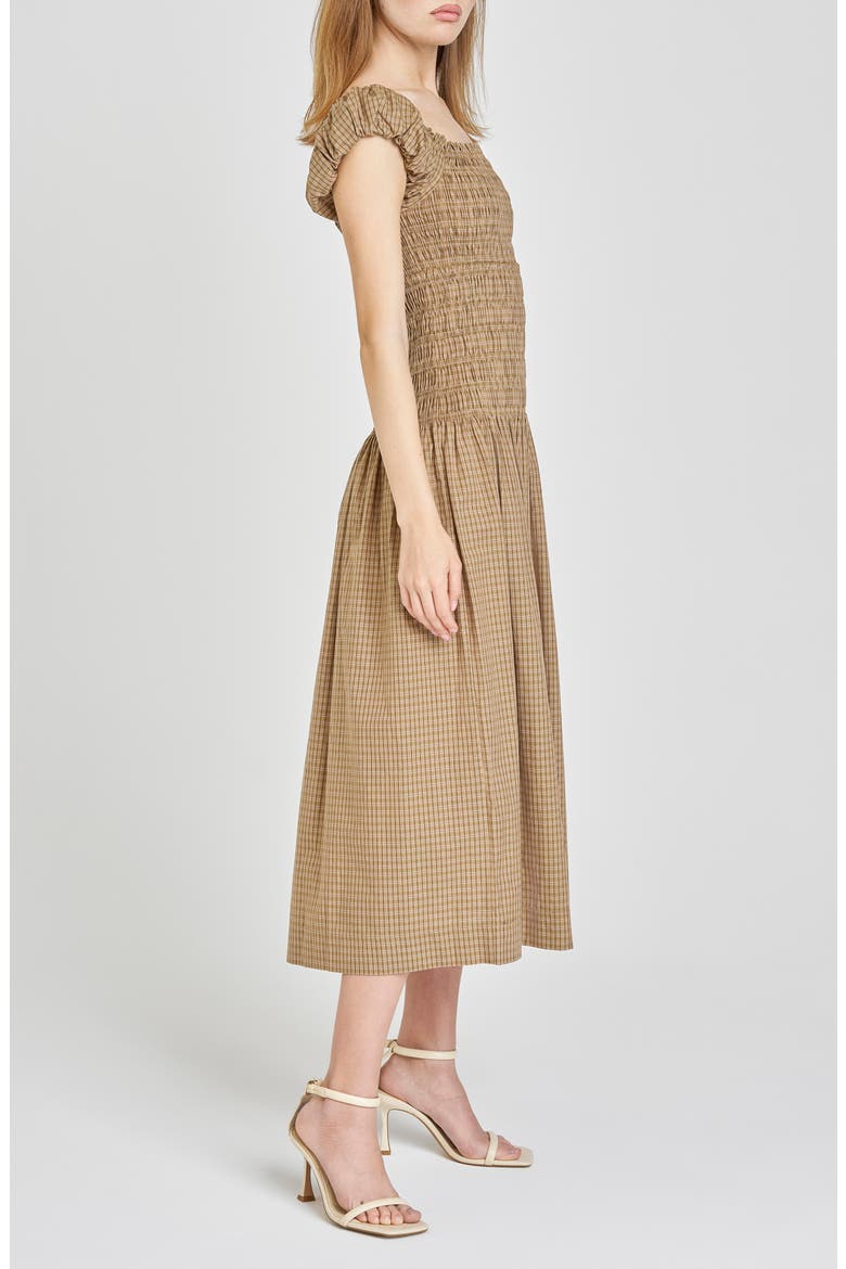 Cassidy Plaid Smock Bodice Cotton Midi Dress, Alternate, color, KHAKI PLAID