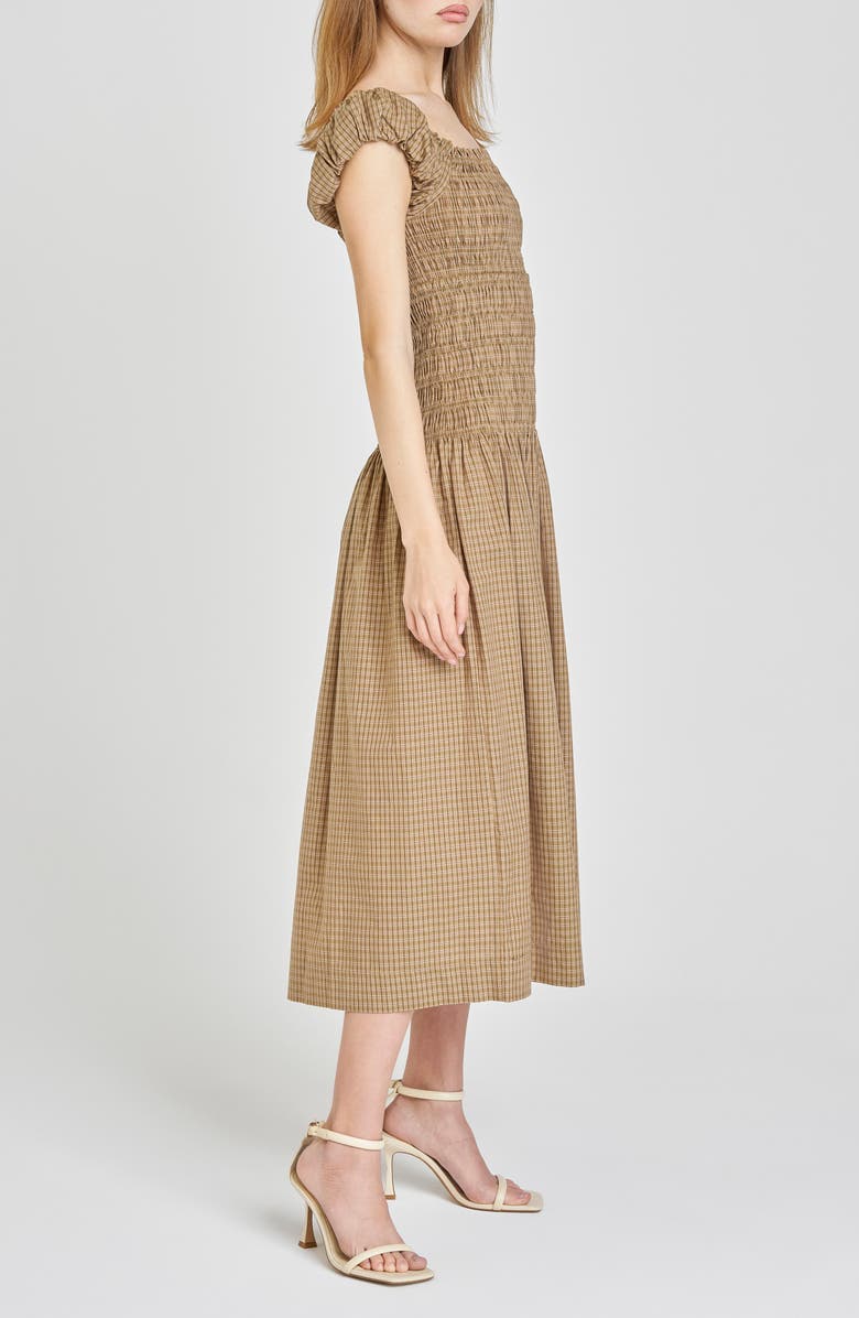 WAYF Cassidy Plaid Smock Bodice Cotton Midi Dress, Alternate, color, Khaki Plaid