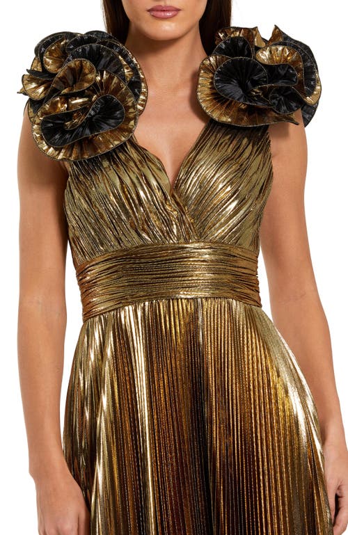 Mac Duggal Pleated Metallic V Neck Gown With Ruffle Detail In Gold