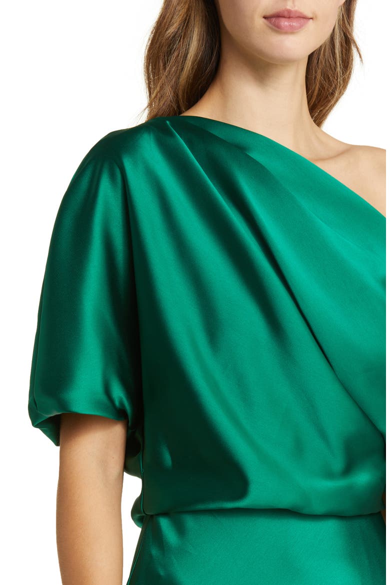 One-Shoulder Fluid Satin Gown, Alternate, color, EMERALD