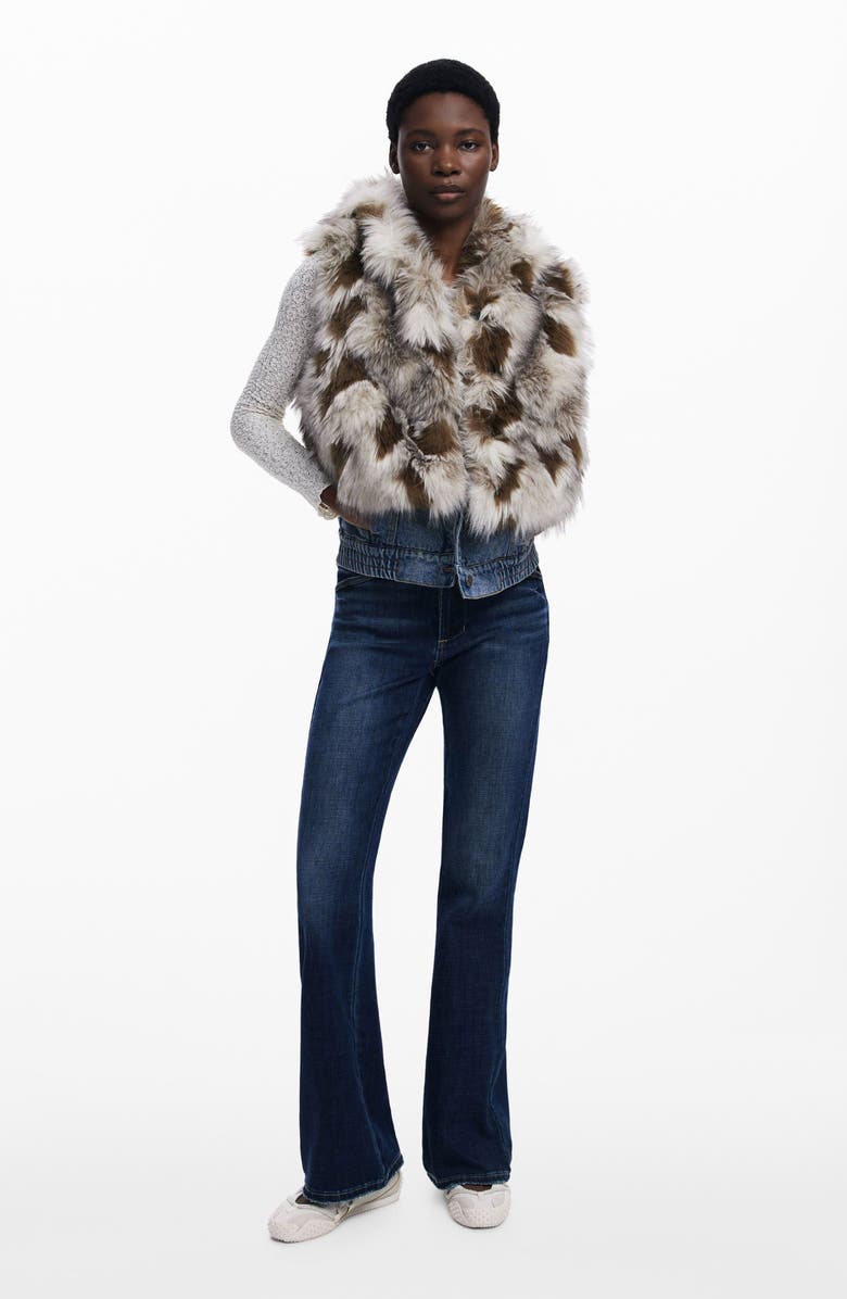 Desigual Faux Fur Denim Hooded Vest, Alternate, color, Beige