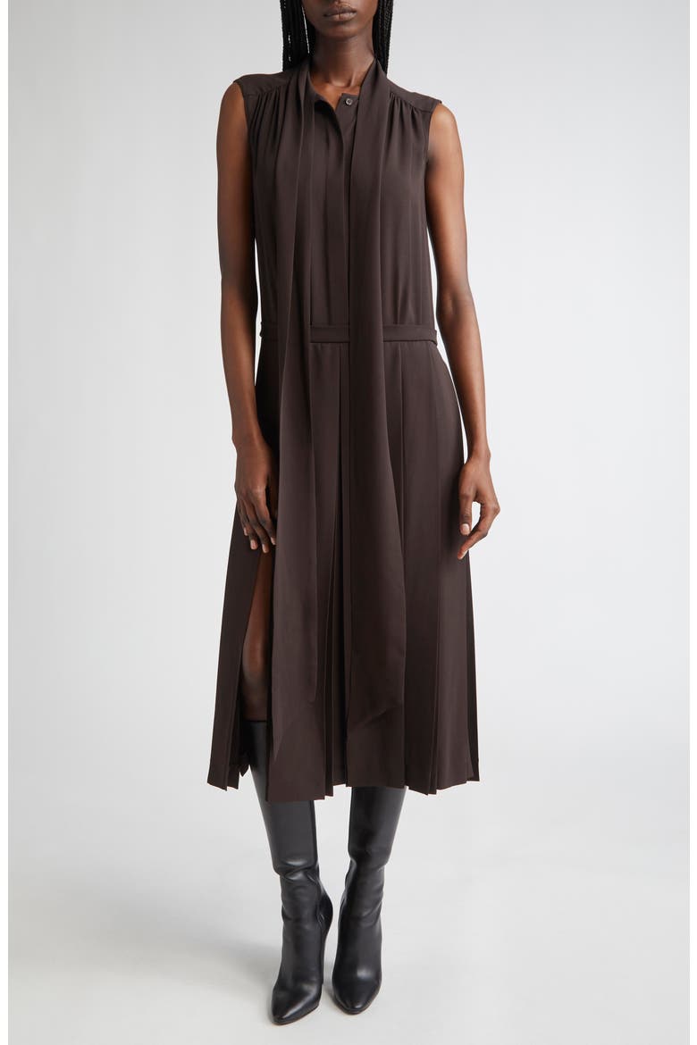 Pleated Tie Neck Sleeveless Silk Shirtdress, Main, color, CHOCOLATE