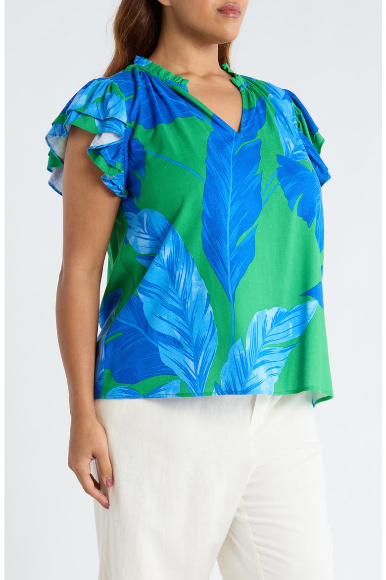 Risette Flutter Sleeve Split Neck Top, Alternate, color, GREEN-BLUE