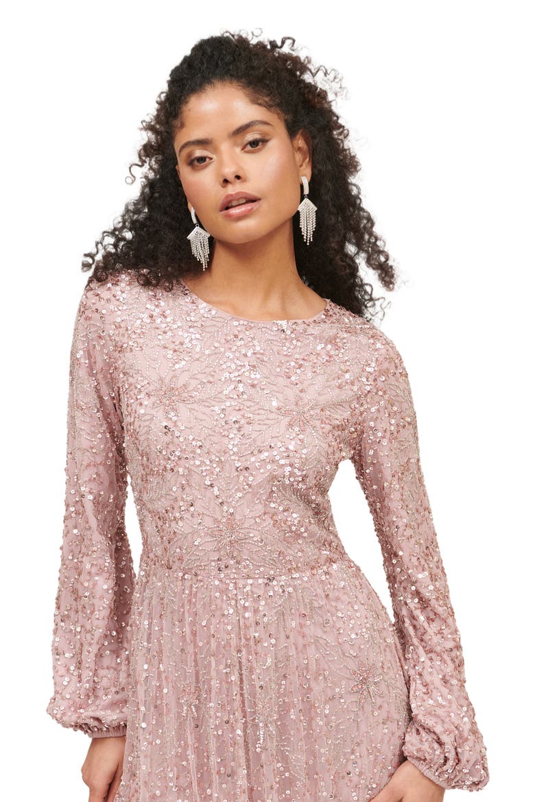 Occasion Modest Embellished Sequin Beaded Floral Evening Dress, Alternate, color, FROSTED PINK