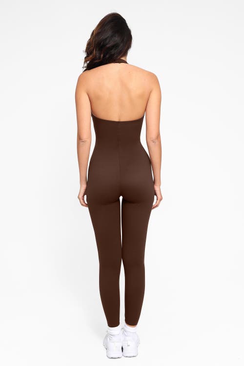 Popilush Shapewear Body-sculpting Halter Neck Jumpsuit In Chocolate
