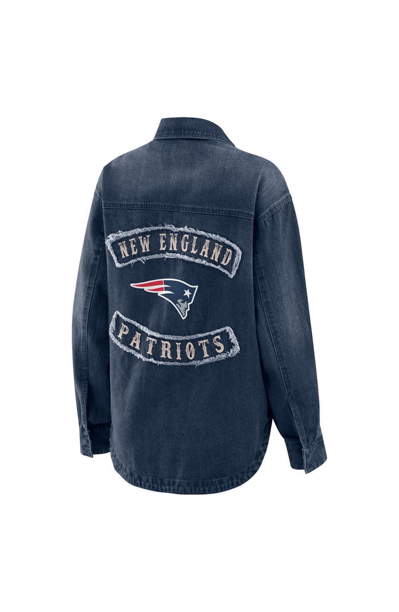 WEAR by Erin Andrews Women's WEAR by Erin Andrews Denim New England Patriots Washed Oversized Denim Full-Snap Shacket, Alternate, color, Denim