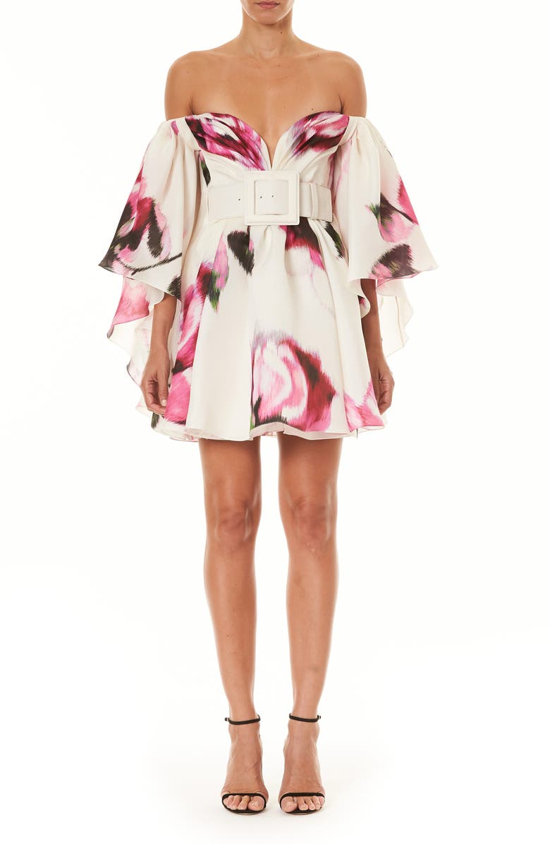 Carolina Herrera Floral Off the Shoulder Cape Silk Minidress, Main, color, 