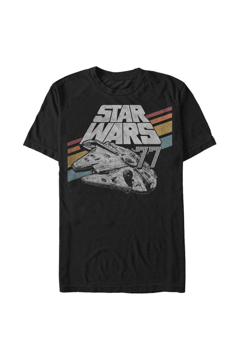 Men's Retro 77 Millennium Falcon Stripes Short Sleeve Graphic T-Shirt, Alternate, color, Black