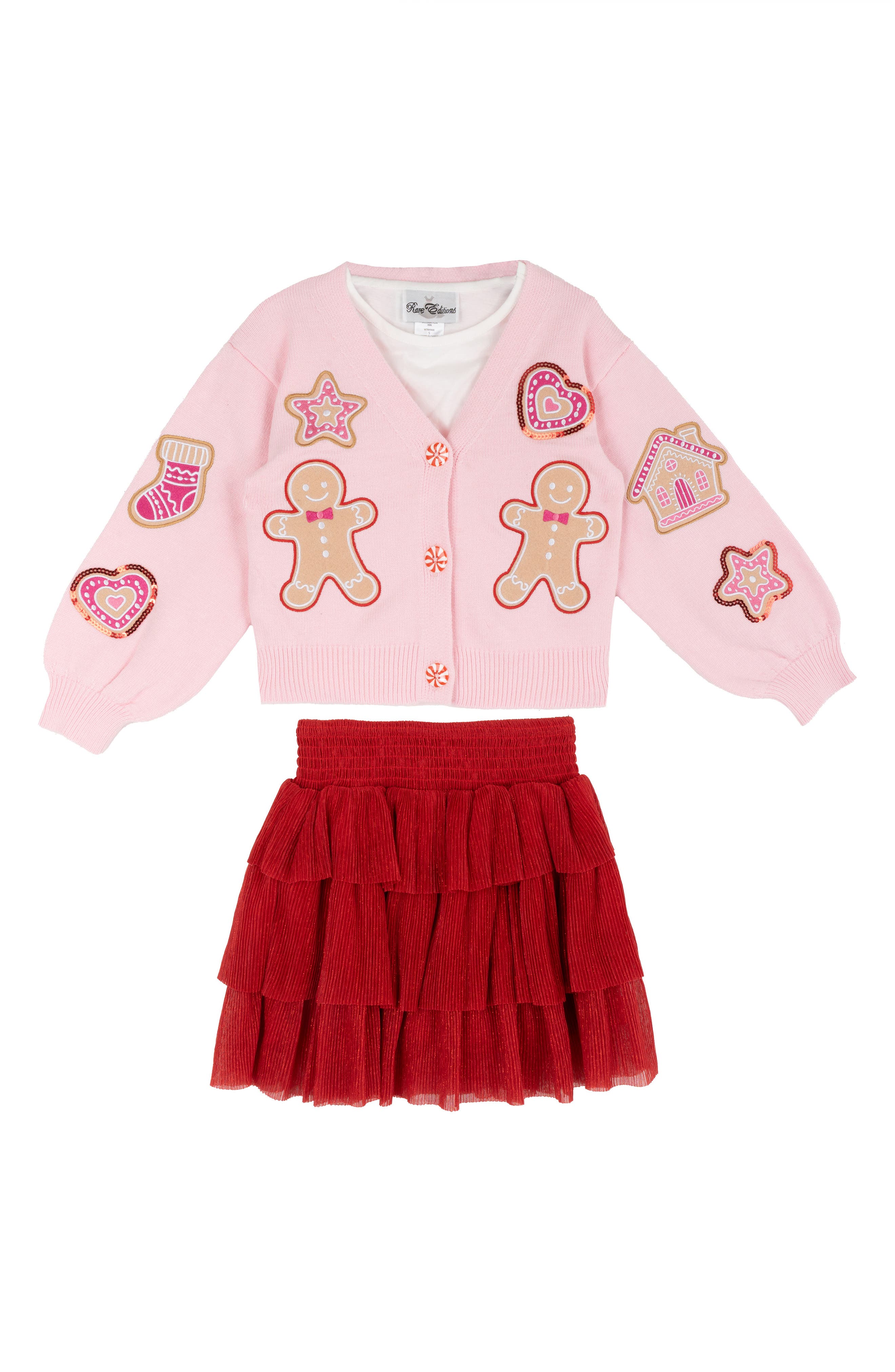 Kids' 3-Piece Gingerbread Appliqué Cardigan Top & Skirt Set