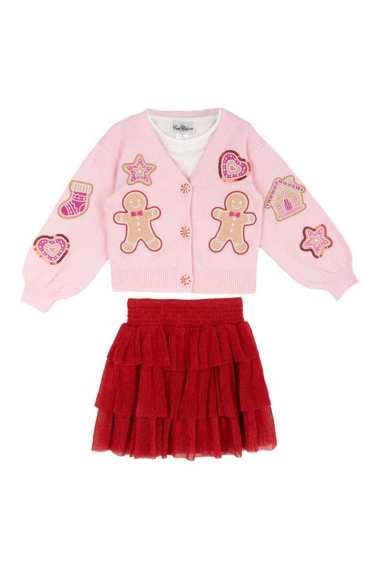 Kids' 3-Piece Gingerbread Appliqué Cardigan Top & Skirt Set, Main, color, LIGHT PINK