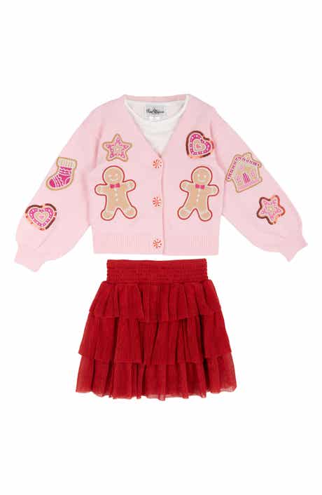 Kids' 3-Piece Gingerbread Appliqué Cardigan Top & Skirt Set