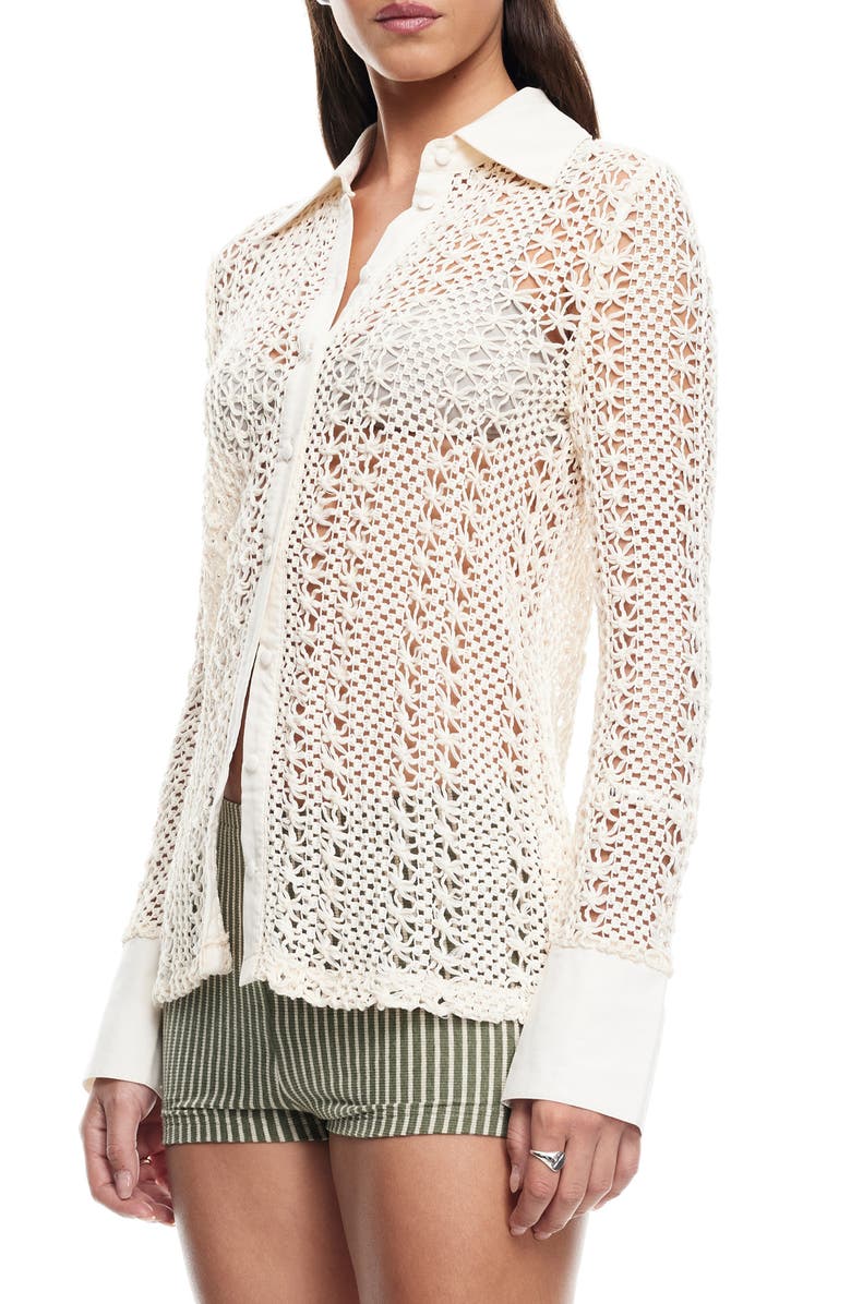 LIONESS Unveiling Floral Lace Button-Up Shirt, Alternate, color, Cream